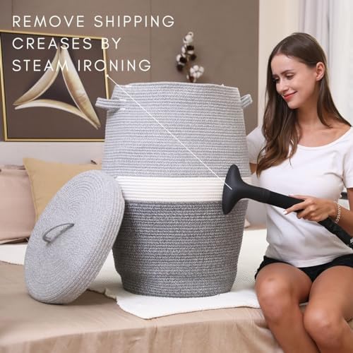 26"x20" Extra Large Tall Woven Laundry Basket with Lid, Cotton Rope...