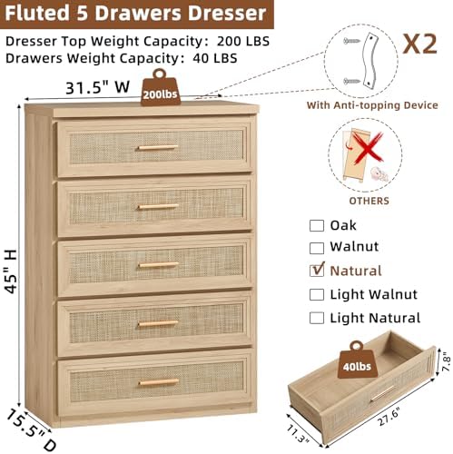 RWYHG Rattan Dresser for Bedroom 5 Drawer 45" Tall with Gold Handle