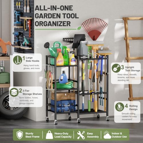 keomaisyto Garden Tool Organizer with 6 Industrial Wheels & Large Hooks