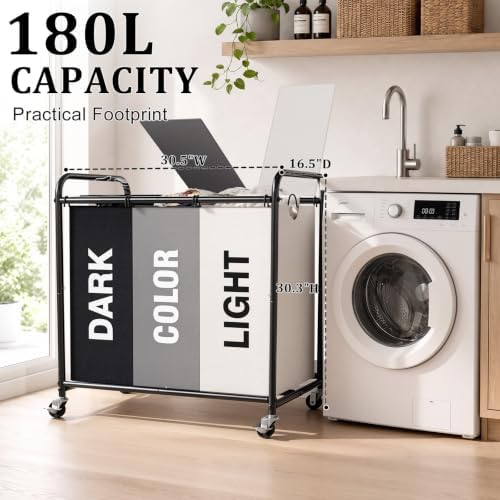YKDIRECT 180L Laundry Hamper with Wheels and Lid, 3 Section Laundry Sorter