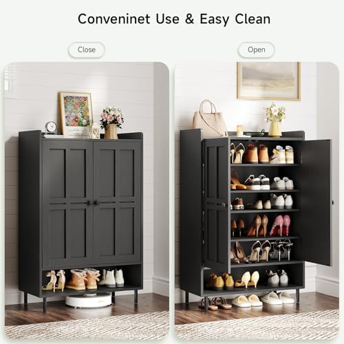 ONBRILL Shoe Cabinet with Cross Molding Doors, 6-Tier Shoe Storage(Black)