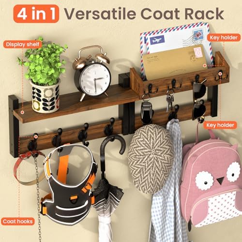 29'' Rustic Coat Rack Wall Mount with Shelf, Solid Wood Coat and Key ...