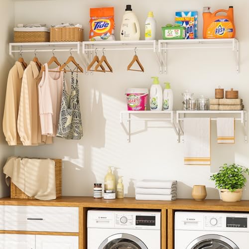ThreeHio 2 Pack Expandable Laundry Room Shelves with Hanging Rod, Over Washer...