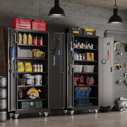 SUXXAN 71" Metal Garage Storage Cabinet with Wheels,Pegboard,Lock,5 Shelves