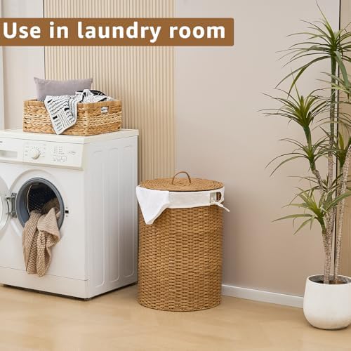 Round Wicker Laundry Hamper with Lid Handwoven Rattan Basket with Handles for...