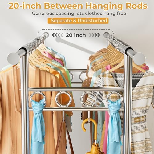 Heavy Duty Clothes Rack Load 960LBS, Three Rods Rolling Clothing Racks for Ha...