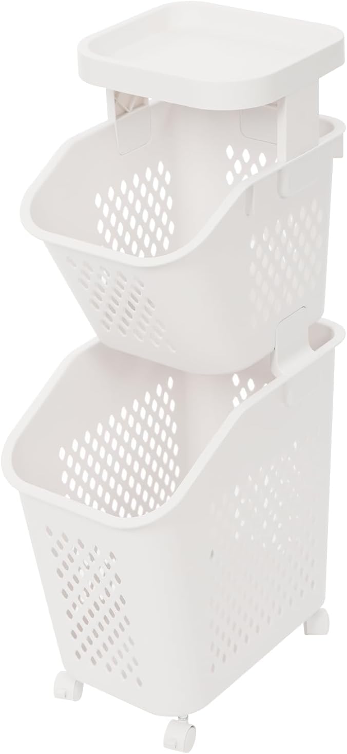 2-Tier Plastic Laundry Hamper Sorter with Wheels,Tiered Laundry Basket Organi...