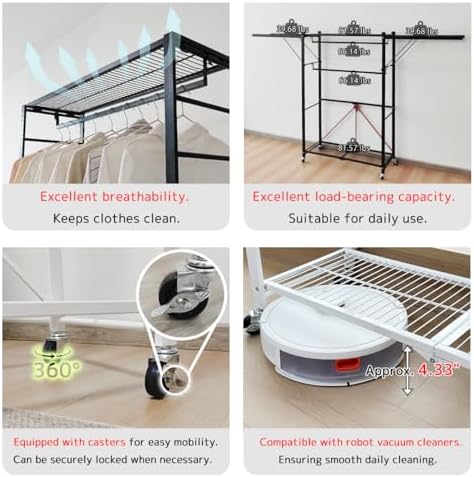 lumizone Folding Clothing Rack with Wheels Expandable Black