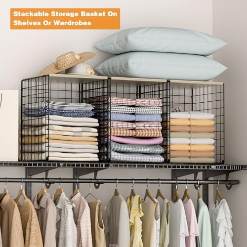 3-Pack Taller Closet Organizers and Storage with Wood Top, Stackable Wire Sto...