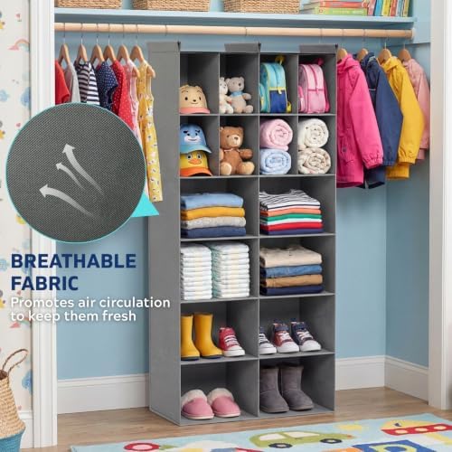 6 Tier Hanging Closet Organizer, 16 Compartments Dual Row Storage, Grey