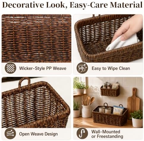 Wall Hanging Baskets, 2 Pack Woven Wicker Baskets with Hooks, Brown