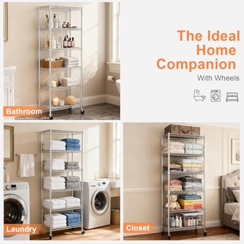 6-Tier Wire Shelving Unit,Metal Shelf Racks with Lockable Wheels,Chrome