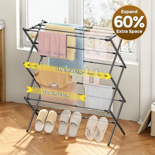 KINGBOARD Clothes Drying Rack, 3-Tier Foldable Extendable, Grey