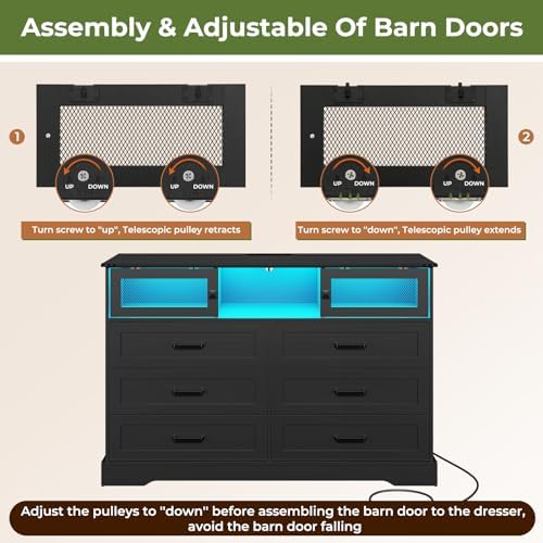 Hasuit 6 Drawer Dresser with LED Lights and Charging Station, Farmhouse Chest...