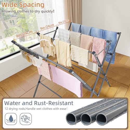 Drying Rack Clothing,12 Drying Poles with Sock Clips Clothes Drying Rack