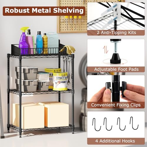 GOFLAME 3-Tier Metal Storage Shelving Unit, Heavy-Duty Adjustable Utility She...