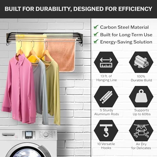 Foldable Wall Mounted Drying Rack - 31.5” Wide, 13.2 Ft Drying Space, 5 Alumi...