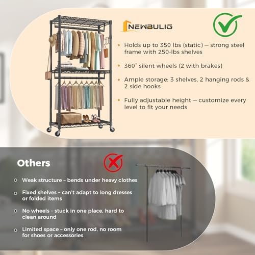 OLIXIS Clothes Rack Heavy Duty Adjustable Garment Clothing Rack with Wheels, ...