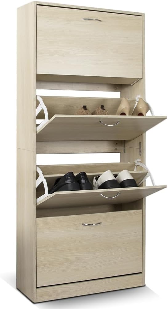 BAKAJI Shoe Rack in MDF Wood with 4 Folding Shoe Doors, Metal Handles Double ...