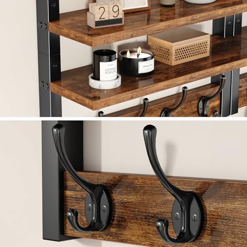 Double Shelf Coat Rack Wall Mount with 8 Hooks, Rustic Brown HWS009H-2