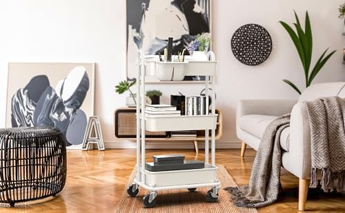 Simple Houseware 3-Tier Rolling Utility Cart with Hanging Bucket, White