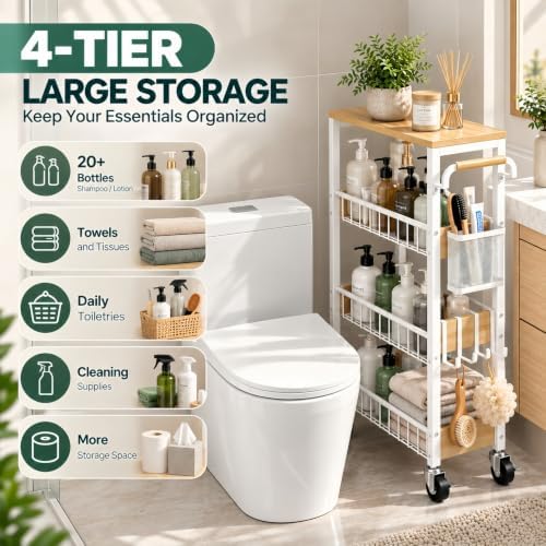 DTUQYX Slim Rolling Storage Cart, 4 Tier Small Organizer Cart with Wheels, Me...