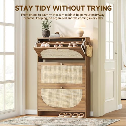 Nicetree Rattan Arched Accent Shoe Storage Cabinet - Freestanding Ultra Slim ...