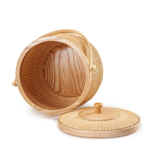 Nantucket Pot Belly Baskets, Fine Cane Weaving Circular with Swing Hardwood H...