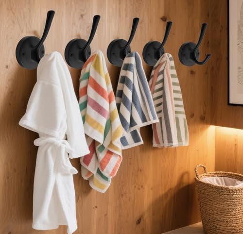 TOFIIGREM Black Wall Hooks, 6 Pack Coat Towel Hook Heavy Duty Metal Double Ba...