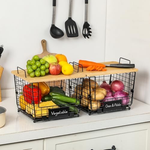 2 Set Large Stackable Wire Basket with Bamboo Tops & Tag- Pantry Organize...