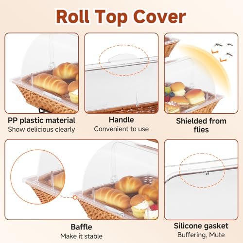 2 Pack Bread Basket Serving Display Tray 20.5x13 In with Clear Roll Top Cover...