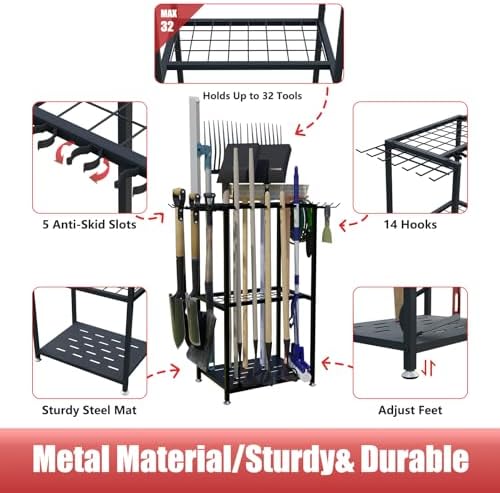 Faesun Garden Tool Organizer, 3-Tier Metal Yard Tool Rack with 14 Hooks &...