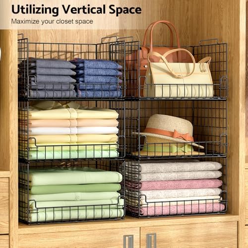 4-Tier Stackable Closet Organizers and Storage Basket - Foldable Closet Shelf...