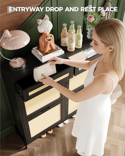GarveeHome Rattan Shoe Cabinet Storage with 4 Flip Drawers & 2 Top Drawer...