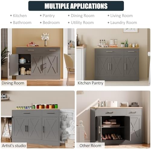 SUNLEI Kitchen Buffet Sideboard Cabinet, Wooden Storage with 3 Doors and 2 Dr...