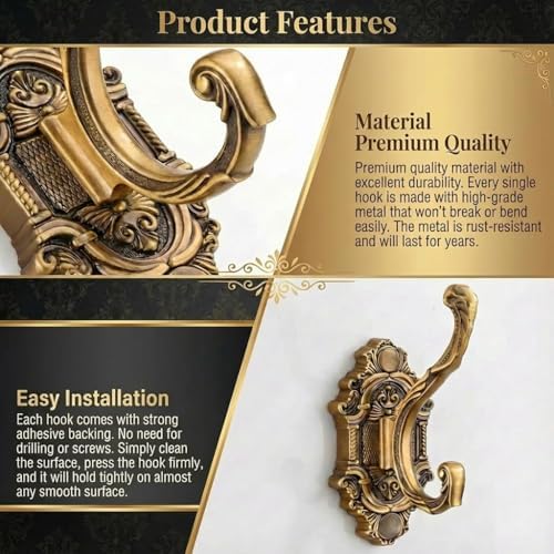 Antique Gold Vintage Coat Hooks，Heavy Duty Wall Mounted，Vintage Hooks for Wal...