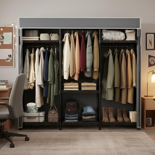 Raybee Clothes Rack, Heavy Duty Portable Closet with Cover, 3 Rods, 800LBS