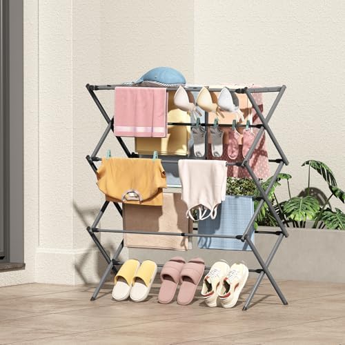 KINGBOARD Clothes Drying Rack, 3-Tier Foldable Extendable, Grey