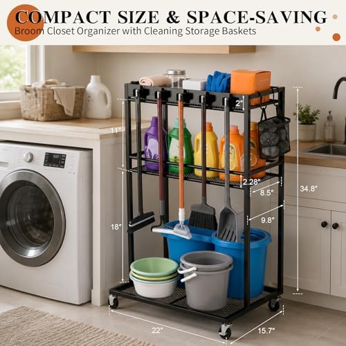Broom Holder with Cleaning Supplies Organizer,Rolling Cleaning Cart