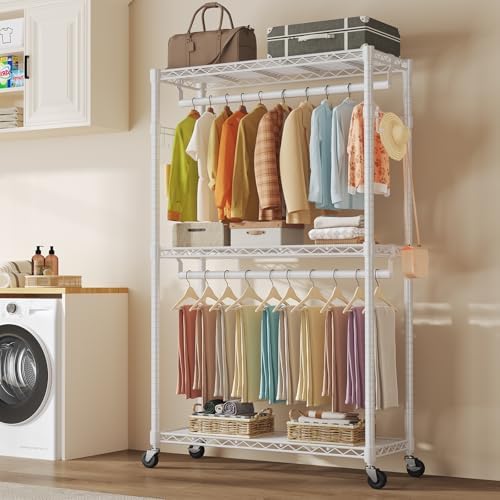 OLIXIS Rolling Clothes Rack, Heavy Duty Garment Rack, 35 IN, Metal White