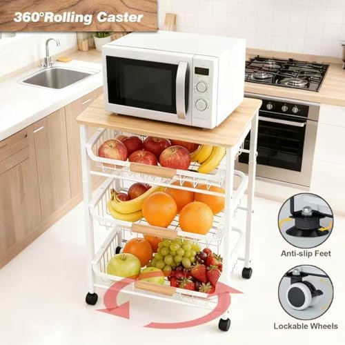 5-Tier Rolling Pantry Floor Storage Cart with Wheels&Wood Top, Large Capa...