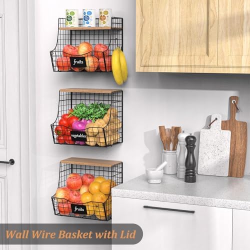 3 Pack wire Fruit Basket for Kitchen with Wood Lid - Counter&Wall Mounted...
