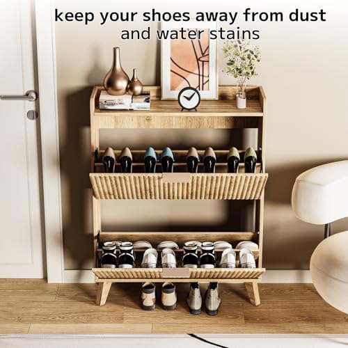 Fluted Shoe Cabinet Storage with 2 Flip Drawers, Wood Narrow Hidden Shoe Orga...