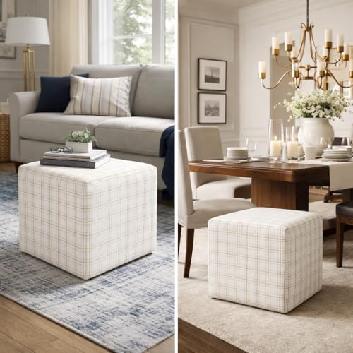 HomePop 19" Square Ottoman - Natural Plaid Woven Fabric