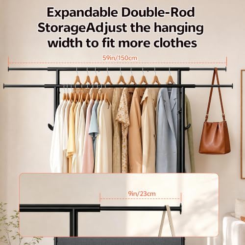 Heavy Duty Rolling Clothing Rack, Double Rod Clothing Storage Organizer