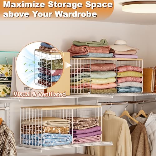 2 Pack Stackable Closet Organizers and Storage, 4 Cube Closet Shelves with Wo...