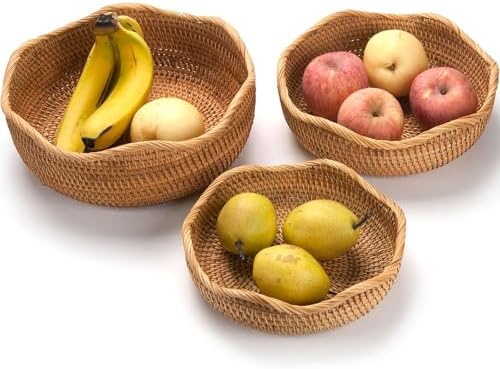 Rattan Bread Basket, Hand Woven Fruit Basket, Wicker Serving Basket Bowl, Dec...