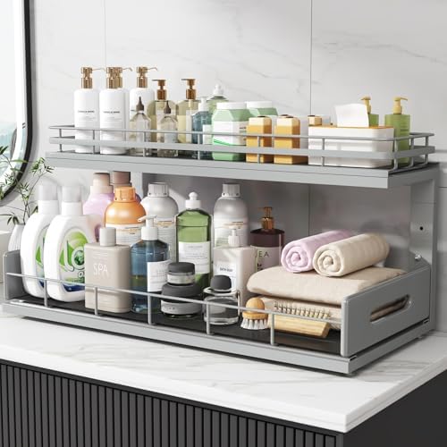Under Sink Organizer Upgrade To Professional Rails,2-Tier Dual Pull Out Cabin...