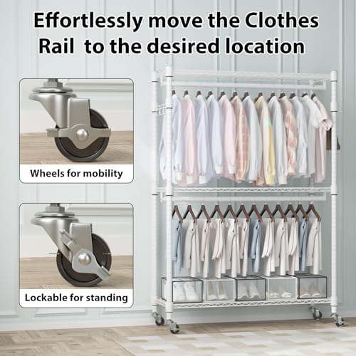 Homdox 3 Tier Heavy Duty Garment Rack with Wheels, Adjustable Wire Clothes Ra...