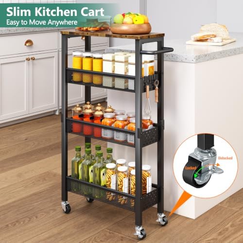 Vivihomety 4-Tier Slim Utility Rolling Laundry Cart with Wheels, Metal